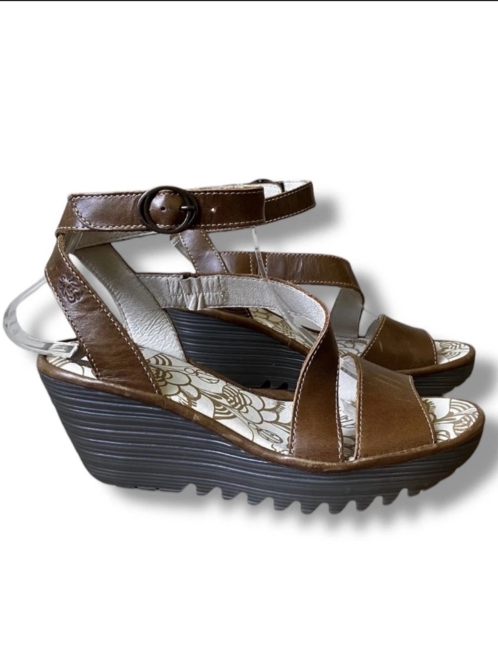 Women’s Fly London Brown Leather Wedge Sandals with Ankle Strap